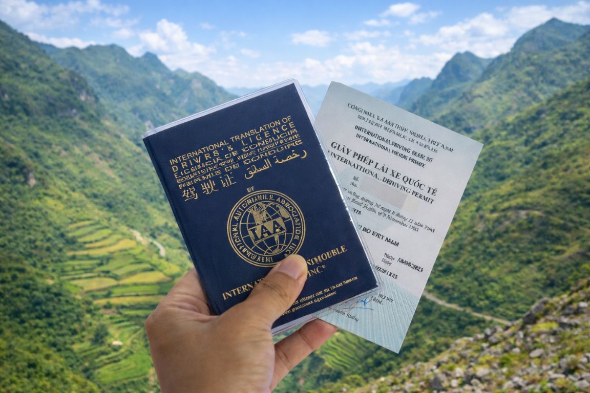 International Driving Permit alongside travel documents, relevant to travel insurance coverage for motorbike riding in Ha Giang