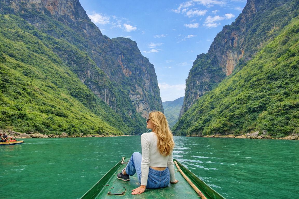 A boat on the Nho Que River beneath Ma Pi Leng Pass