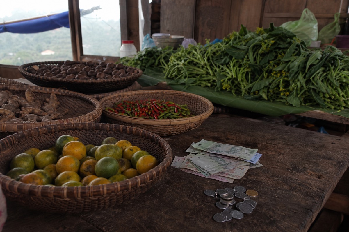 Vietnamese dong currency and market goods, illustrating the everyday cost of travel on the Ha Giang Loop