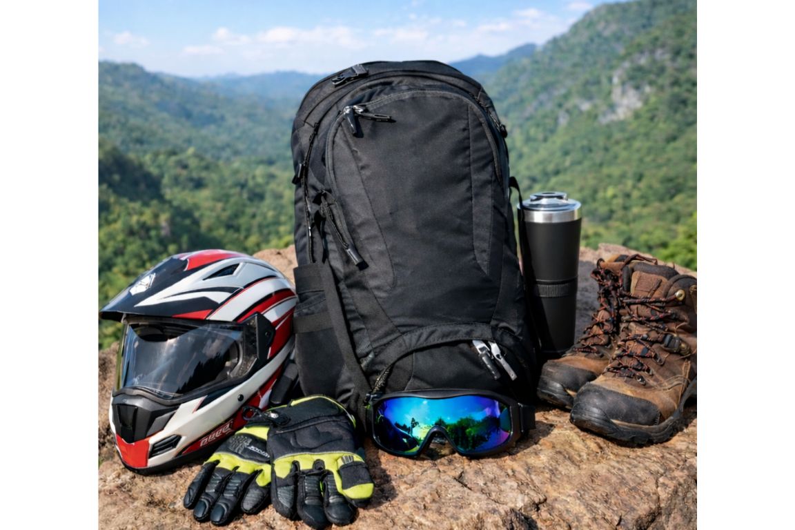 Motorbike travel essentials including helmet, backpack, gloves, goggles, hiking boots, and tumbler